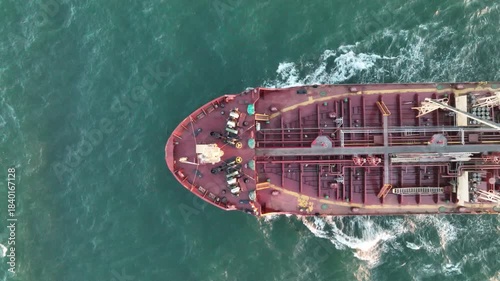 Aerial view of big oil, chemical tanker sails. Tanker ship logistic and transportation business oil and gas industry.