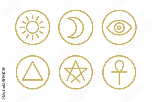 Set of six mystical esoteric symbols: sun, moon, all-seeing eye, triangle, pentagram, and ankh
