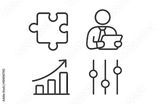 Business optimization symbols showing puzzle piece, growth chart, data analysis, and controls