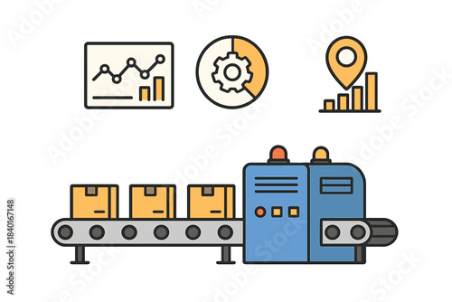Automated production line moving packages on a conveyor belt with logistics tracking icons