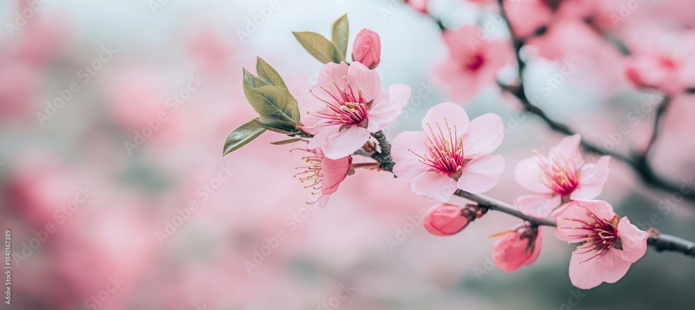 Fototapeta premium Serene Pastel Spring Blossoms on Rustic Branch with Soft Blurred Aesthetic Background Ambience