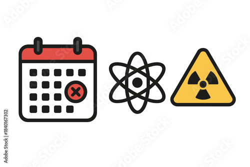 Calendar date cancellation atom structure and radioactive warning sign icons set