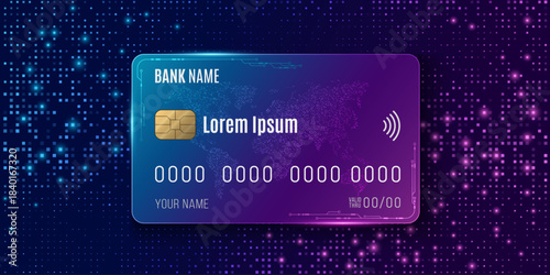 Credit card with chip and contactless icon on glowing blue and purple dotted background for online payments, and secure transactions. Vector illustration.