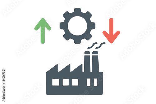Industrial production optimization and decline showing factory, gear, and directional arrows