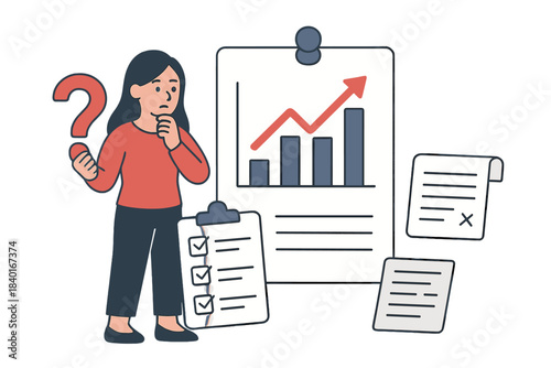 Thoughtful woman analyzing rising bar chart and checklist while holding a large question mark