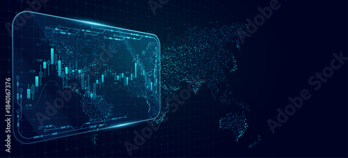World market analysis interface with glowing candlestick chart and Earth map. Global data visualization. Trading platform and investment economy analytics for Finance background. Vector illustration.