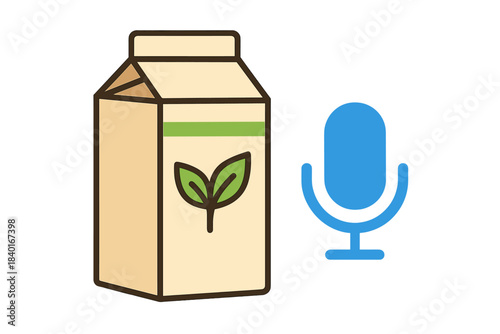 Plant-based milk carton with leaf symbol next to a blue microphone icon for recording audio
