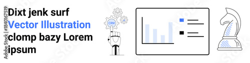 Business strategy, data analytics, technology, decision-making, innovation, productivity. A robotic hand with gears, a data chart and a chess knight. Business strategy and data analytics
