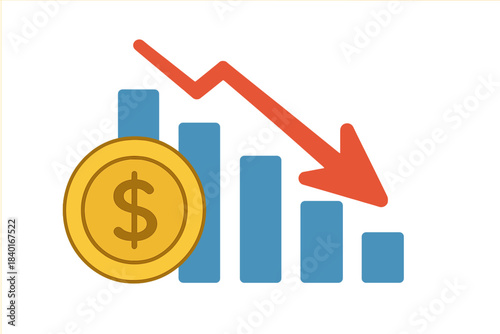 Bar chart showing economic downturn, financial losses, dollar coin, and sharp red arrow pointing down