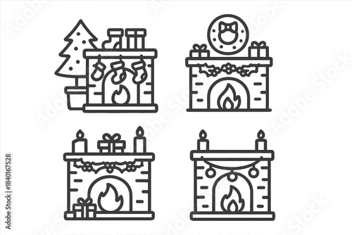 Decorated Christmas fireplaces with stockings, wreaths, gifts, candles, and a festive tree
