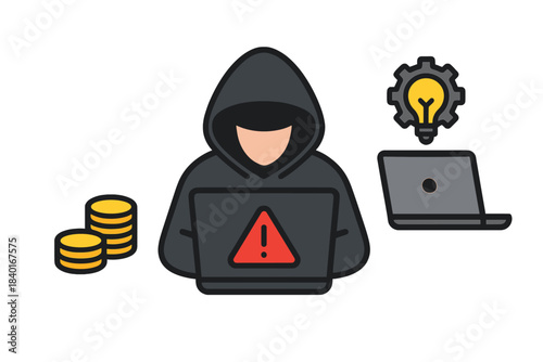 Anonymous figure in a dark hoodie using a laptop surrounded by money and a bright idea lightbulb icon
