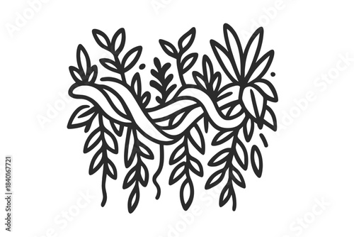Stylized monochrome botanical border with lush tropical leaves and winding jungle vines
