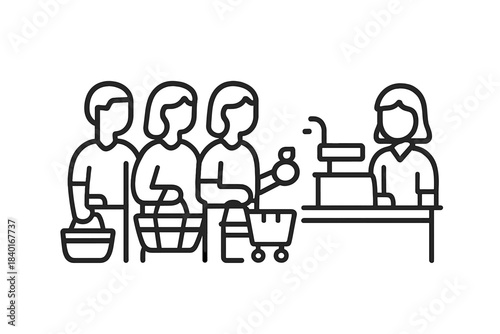 Customers waiting in line at the supermarket checkout counter with cashier scanning items