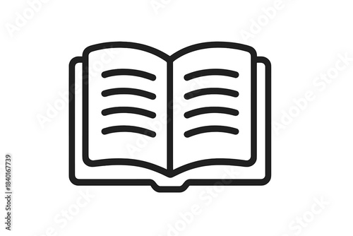 Outline drawing of an open book showing pages and lines of text symbolizing reading and learning