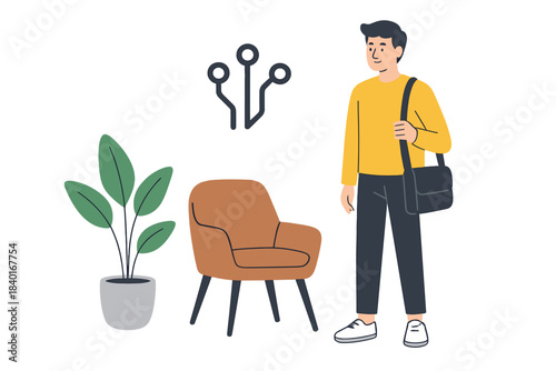 Casual young professional standing near modern furniture and a potted plant with a digital connection icon
