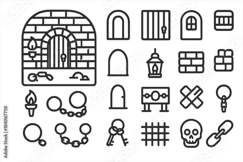 Medieval dungeon and prison elements including shackles, keys, skull, and barred doors