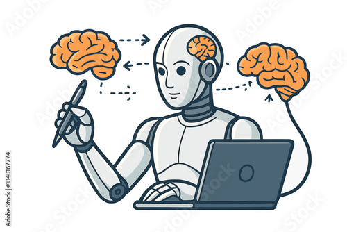 Creative robot holding a stylus and interacting with human brains for data processing