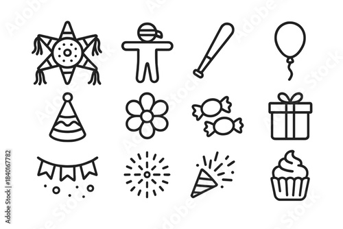 Set of outline icons representing birthday party celebration elements and festive objects