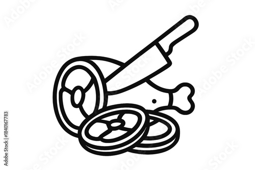 Black and white drawing of roast, sliced meat, bone-in piece, and kitchen knife for food preparation