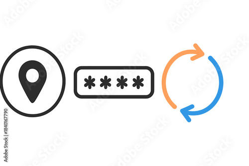 Digital security and data management icons: location pin, password field, and refresh arrows
