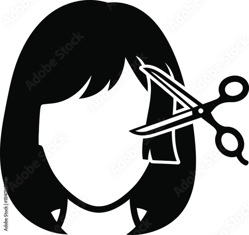 Haircut symbol with scissors and hairstyle silhouette