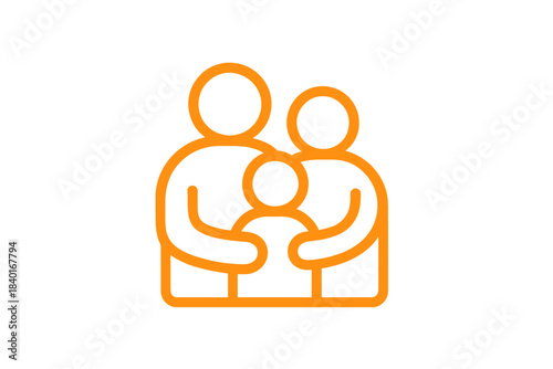 Orange line drawing of a family unit with two parents and a child embracing