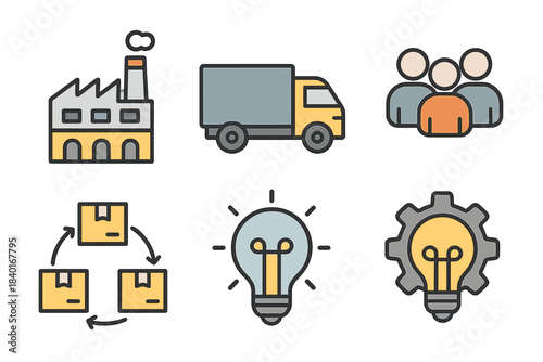 Business concepts icons set for manufacturing, logistics, teamwork, and innovative ideas