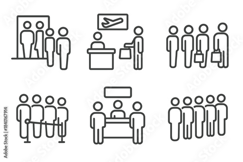 Minimalist line drawing of people waiting in long queues for service or travel