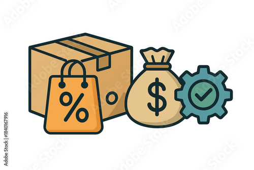 E-commerce business concept with shopping bag, delivery box, money bag, and process gear icon set