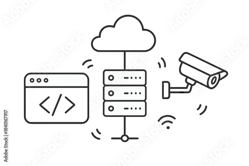 Integrated system showing cloud storage, server racks, web development, and security camera monitoring
