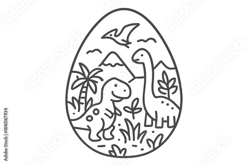 Adorable cartoon dinosaurs and flying reptile inside an egg outline with palm trees