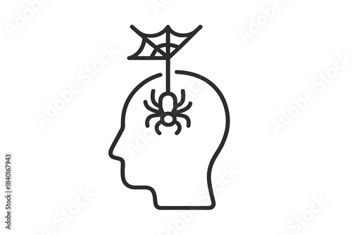 Outline of human head profile with spider and web symbolizing mental fear and anxiety