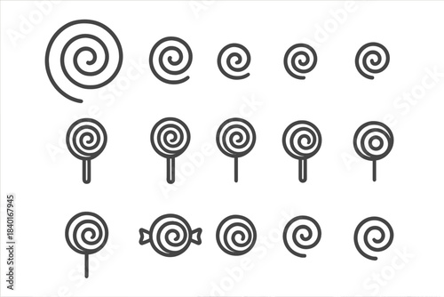Collection of spiral candy and lollipop symbols for sweet treats and confectionery design elements
