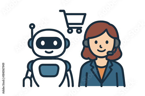 Friendly customer service agent and robot assistant providing online support for e-commerce