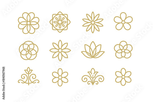 Elegant golden line art floral icons and ornamental flower symbols for luxury design