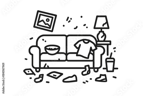 Chaotic scene of a dirty living room with sofa, lamp, scattered shoes, and floating debris