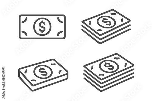 Dollar banknotes and stacks of cash in outline style for financial applications