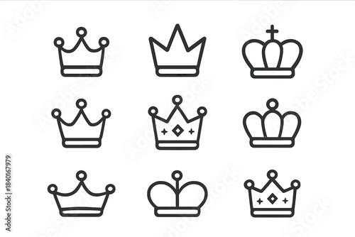 Set of nine linear royal crown symbols and king or queen headwear icons