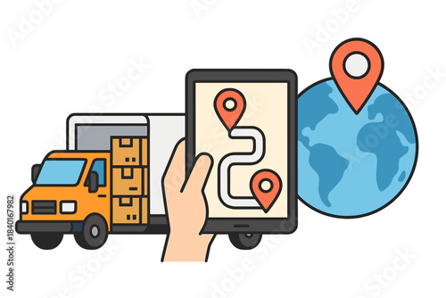 Global delivery tracking and logistics with cargo truck and mobile navigation map