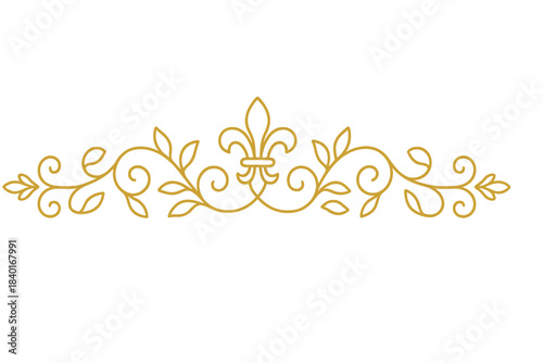 Elegant gold fleur-de-lis divider with swirling ornamental leaf border design