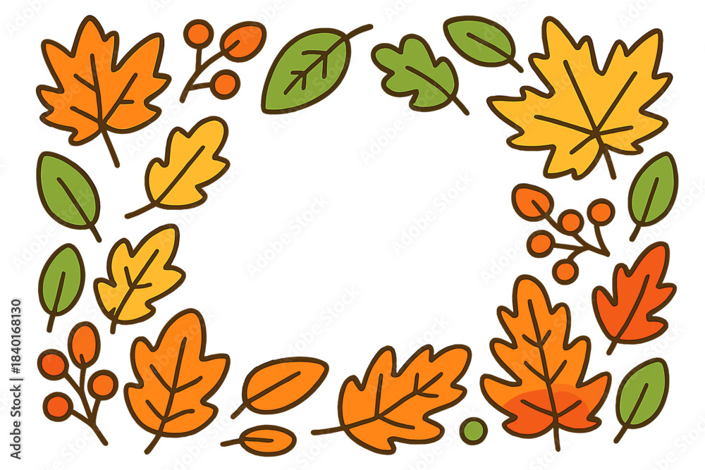 Fototapeta premium Colorful seasonal fall foliage and berry border frame in hand drawn style