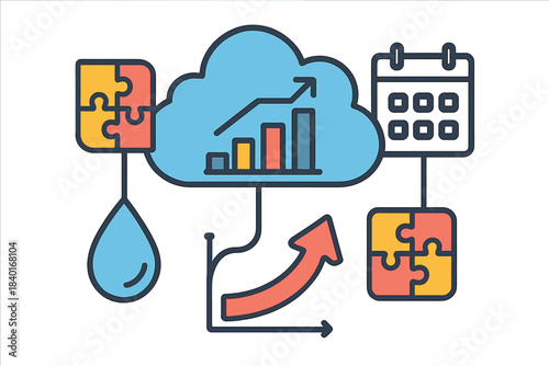Digital data flow connecting cloud storage, business metrics, planning, and problem solving