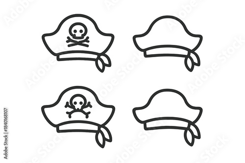 Four outline pirate hats featuring skull and crossbones symbols for adventure concepts