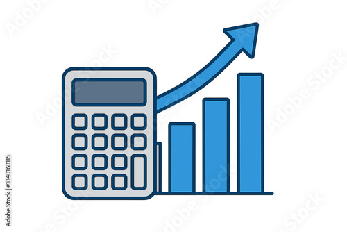 Financial calculation and business growth chart with upward trend arrow and calculator icon