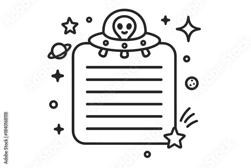 Cute alien piloting a flying saucer on a cosmic note frame with stars and planets