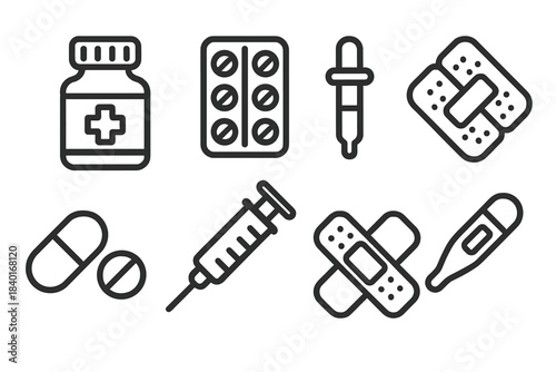 Set of simple black line icons representing various medical supplies, drugs, and first aid equipment