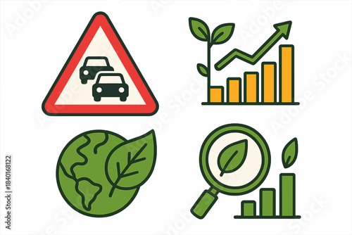 Environmental concepts set showing traffic congestion, ecological growth, global protection, and sustainability analysis