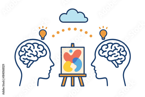 Conceptual representation of creative collaboration, shared ideas, brainstorming, and artistic inspiration between two minds