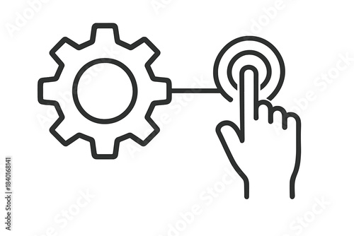 Hand pressing a virtual button connected to a settings gear icon for configuration control