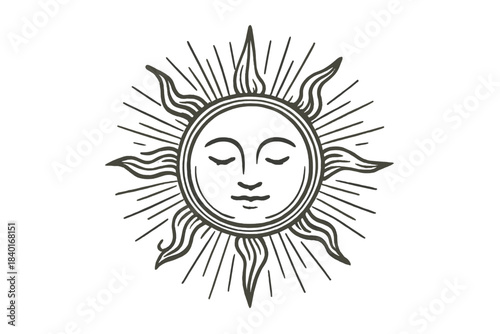 Vintage celestial sun face with closed eyes and radiating rays in engraved style